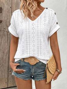 SHEIN LUNE Women's Hollow Out Embroidery V-Neck Short Sleeve Casual T-Shirt - White - View 5