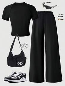 Sparklyn Bộ 2 món áo thun và quần dài kiểu dáng thường ngày dành cho nữ tuổi teen, in hình ngôi sao trắng trên ngực, dây rút trang trí màu trắng, thích hợp cho đi dạo, mua sắm, đi học, có thể phối cùng áo khoác hoặc áo vest. - màu đen - Xem 2