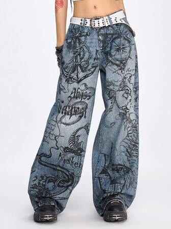Grunge Punk Jeans anchos y sueltos con estampado de elementos náuticos y punk