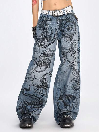 Grunge Punk Nautical Punk Ocean Element Print Loose Wide-Leg Jeans
