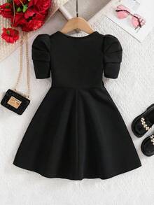 SHEIN 女童纯色泡泡袖修身休闲连衣裙 - 黑色 - 查看 2