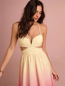 Enchnt Women's Ombre Spaghetti Strap Hollow Out Gradient Sleeveless Fashion Dress - Yellow - View 3