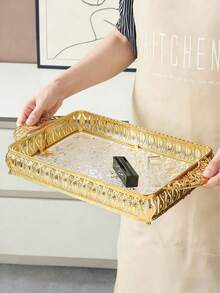 1pc/1set Middle Eastern Style Modern Elegant Large Trays, RectangularDecorative Trays -Multipurpose, Non-Tarnish, Metal Alloy, RectangularServing Trays For Coffee & Beverages, Gold - Gold - View 3