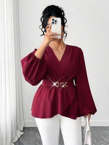 Elenzga Plus Size Women's Burgundy Elegant Autumn Blouse,Metal Decor Waist Cinched A-Line Flowy Top,V-Neck Lantern Long Sleeve Shirt For Dinner & Holidays - Burgundy - View 1