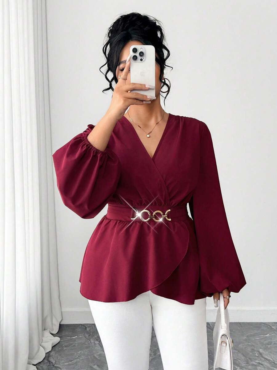 Elenzga Plus Size Women's Burgundy Elegant Autumn Blouse,Metal Decor Waist Cinched A-Line Flowy Top,V-Neck Lantern Long Sleeve Shirt For Dinner & Holidays - Burgundy - View 1