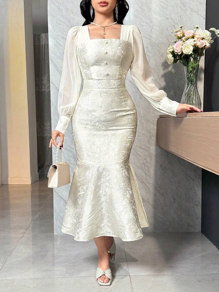 Women's Elegant Patchwork Textured Square Collar Puff Sleeve Fishtail Midi Dress, Spring/Summer Wedding Guest Dress Sundress