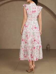 DAZY Elegant blommig spetsklänning med volangkrage och mellanlång krage för kvinnor, vår-/sommarklänning för bröllopsgäster, sommarklänning - Rosa - Visa 2