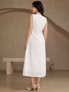 DAZY Women's Elegant Floral Print Round Neck Sleeveless Mid-Length Dress, Summer Wedding Guest Dress - Blue - View 2