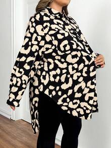 SHEIN CURVE+ Áo sơ mi dài tay dáng suông, in họa tiết, cỡ lớn, thích hợp mặc hàng ngày vào mùa thu và mùa đông. - Nhiều màu - Xem 3