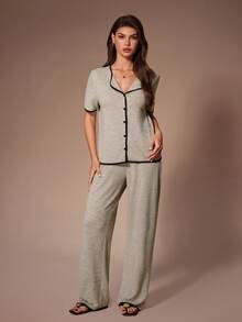 SHEIN Women's Casual Contrast Trim Lapel Short Sleeve Cardigan And Pants Loungewear Set, Spring/Summer/Autumn - Khaki - View 3