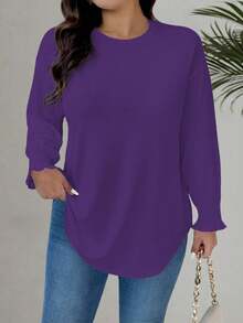 EMERY ROSE Plus Size Women Knitted Crew Neck Cable Sleeve Casual Shirt Plus Size Oversized T Shirt Plus Size Long Sleeve - Purple - View 4