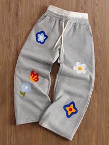 TOKVUE Men's Casual Floral Embroidery Drawstring Waist Sweatpants - Grey - View 9