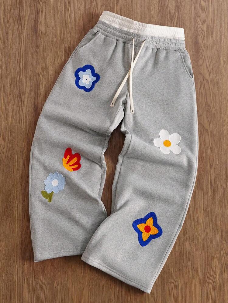 TOKVUE 男士休闲花卉刺绣抽绳腰带运动裤 - 灰色 - 查看 9