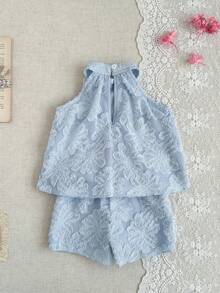 SHEIN 2 peças/Conjunto Casual Fofo de Meninas Bebê com Laço e Bordado de Cereja, Regata e Shorts de Cintura Elástica, Confortável e Macio, Adequado para Passeios na Primavera/Verão e Presentes, 3 Meses - 3 Anos - Azul - Visão 8