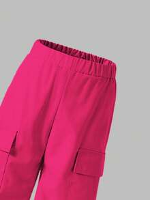 2pcs/Set Young Girls' Fashionable Numeric & Graphic Print White Tee + Magenta Cargo Pants, Casual & Comfortable, Matching Set - Multicolor - View 6