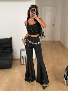 Coolane Women's Fall Summer All-Season Goth Y2K Grunge Halloween Outfits Club Outfits Sexy Country Concert Y2K Black Lace Petite Bell Bottoms Pants - Black - View 2