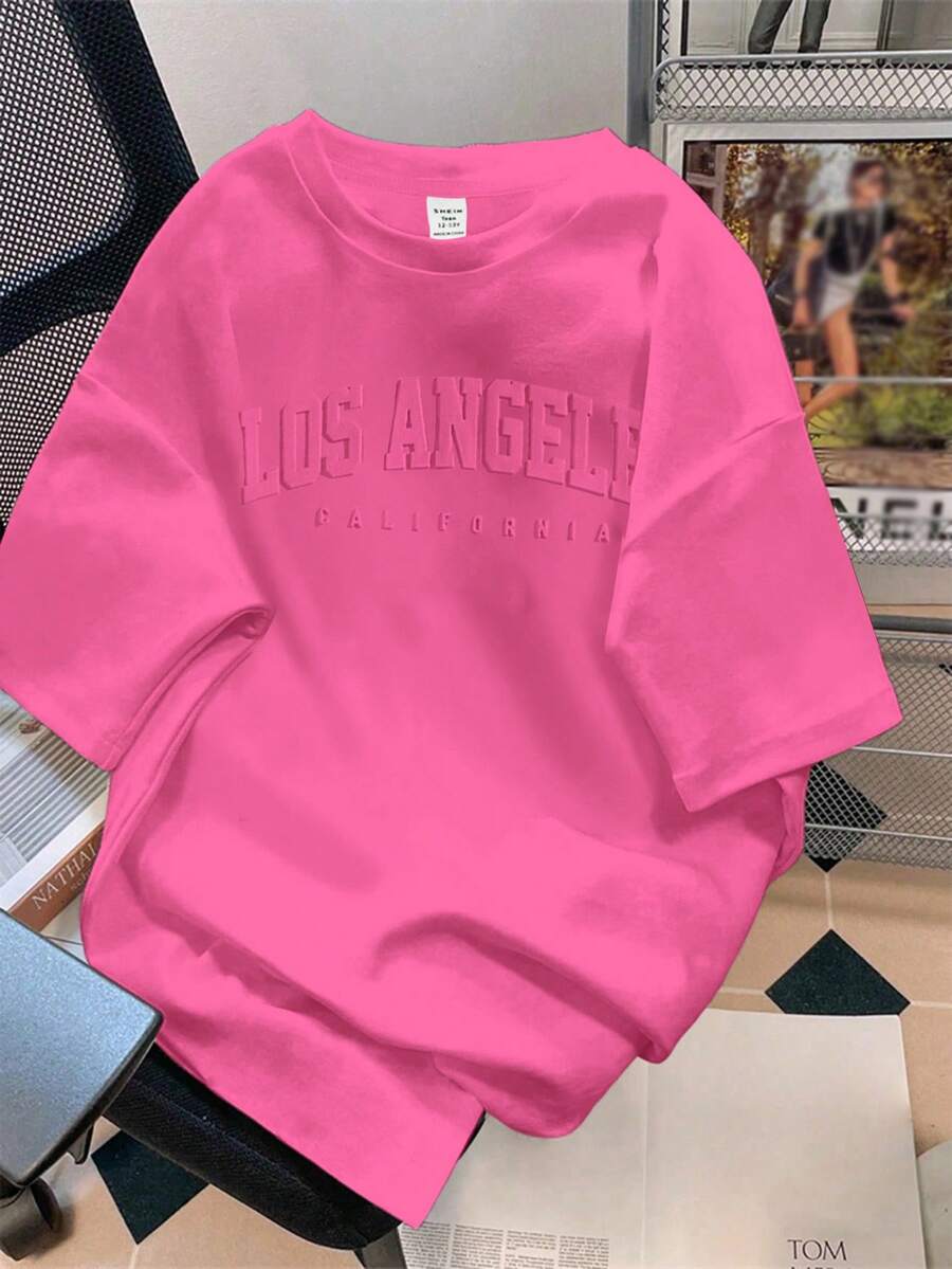 SHEIN EZwear 女士宽松休闲极简风英文压纹图案圆领短袖T恤 - 粉色 - 查看 1