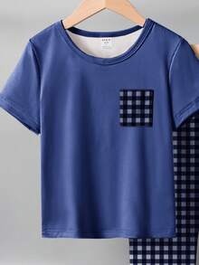 1set Young BoyPlaid Print Short Sleeve Top And Pants 2 Pieces Pajama Set, Casual, Spring/Autumn - Blue - View 5