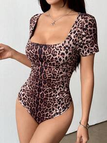 Flirla Women's Casual Leopard Print Square Neck Short Sleeve Bodysuit, Spring/Summer - Multicolor - View 4