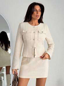 EURMUSE Women's Tweed Two Pieces Set – Button Front Crop Jacket And High Waist Mini Skirt, Chic Casual Co-Ord Outfit - White - View 4