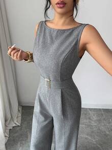 Rafferiza 法式浪漫无袖高腰带光滑面料金属扣装饰阔腿直筒女式连体裤女士夏季服装女士办公服装外出服装喇叭连体裤无袖连体裤裤装女士优雅连体裤女士连体裤 - 灰色 - 查看 7