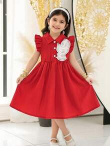 Young Girls' Sweet Red Sleeveless Dress,Collar Design With Ruffled Shoulder Trim,3D Decorative Accent,Flared Skirt For Summer Party & Birthday - Red - View 4