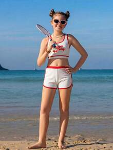 樱桃印花特殊面料少女泳装套装 - 紅白色 - 查看 1