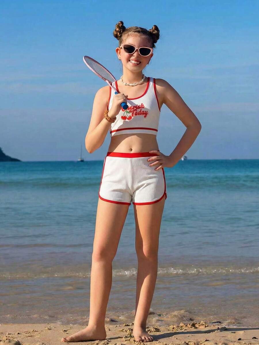 樱桃印花特殊面料少女泳装套装 - 紅白色 - 查看 1