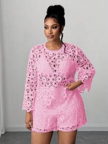 Maweii 大码女式镂空花卉圆领长袖优雅时尚衬衫 - 淺粉色 - 查看 3