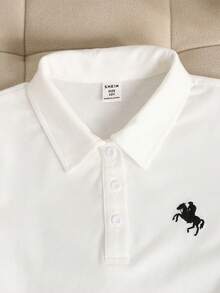 SHEIN 少女宽松休闲马图案Polo衫短裤套装 - 白色 - 查看 4