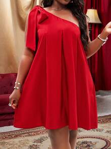 SHEIN CURVE+ 加大码女装红色纯色休闲连衣裙，简约时尚，适合日常穿着 - 紅色 - 查看 3