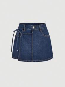 SHEIN MOD Women's Asymmetric Hem Casual Denim Skorts With Side Tie - Blue - View 1