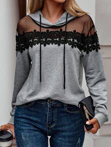 EMERY ROSE Sweat-shirt à capuche décontracté avec cordon de serrage, patchwork en dentelle et taille pour femmes grandes tailles, automne/hiver - Gris pâle - Voir 3