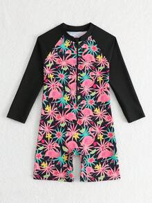 SHEIN 女童火烈鸟印花连体泳衣，带拉链、长袖、防晒，适合海滩穿着 - 彩色 - 查看 6