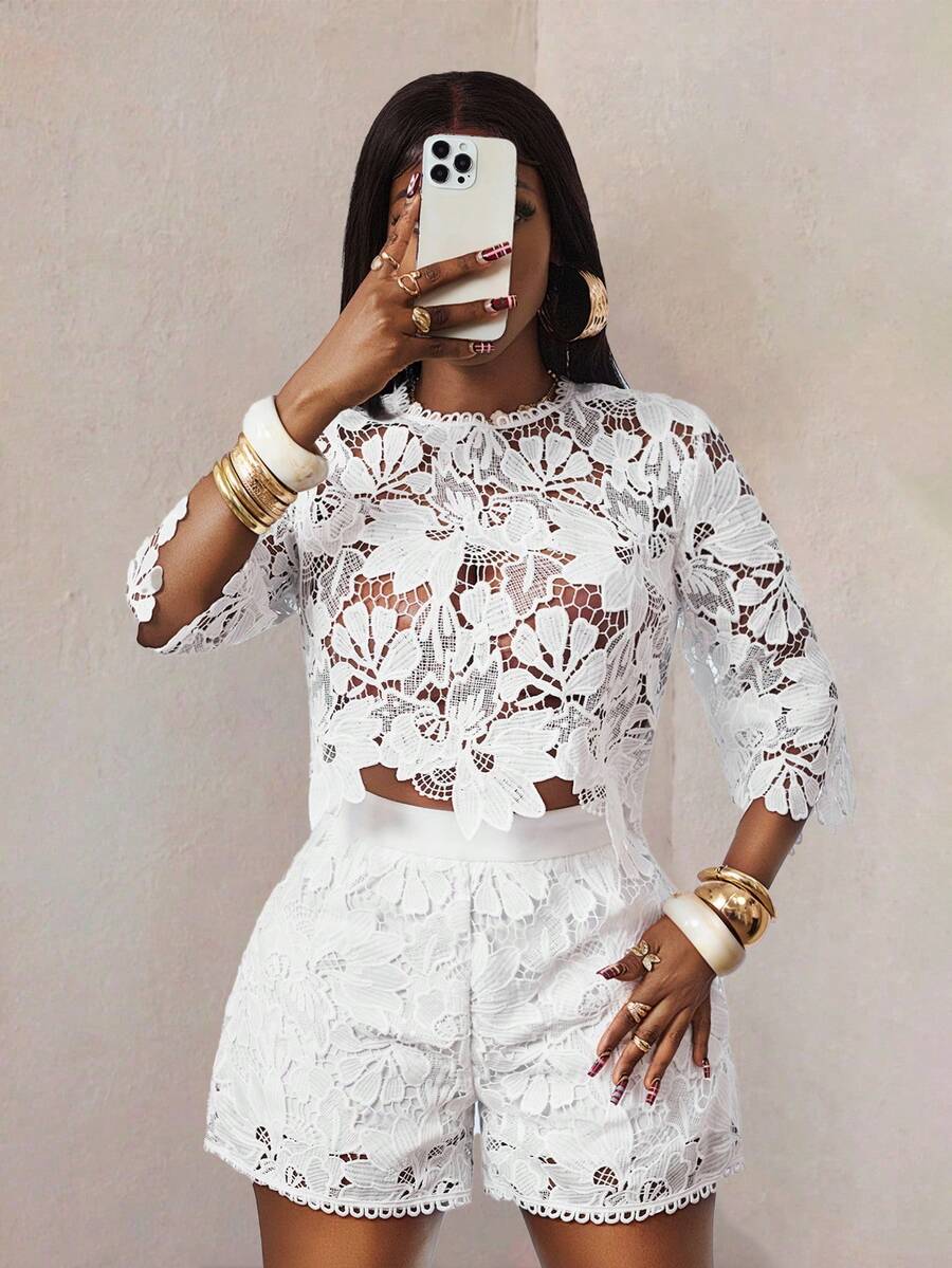 BamGleam Áo kiểu nữ dệt kim bốn mùa, chất liệu ren xuyên thấu, khoét eo gợi cảm, tay loe, kiểu dáng thanh lịch. - trắng - Xem 1