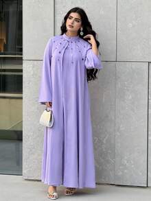 Al Najma 女士彩色水钻装饰立领长袖优雅阿拉伯风格连衣裙 - 紫色 - 查看 1