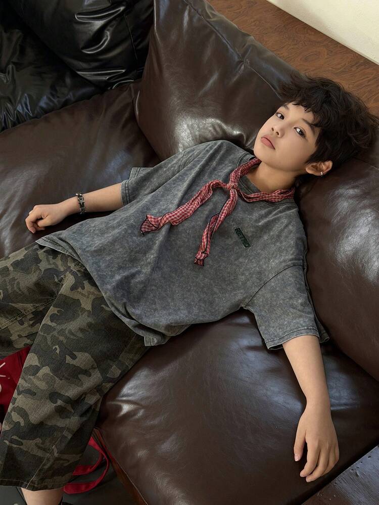 Tween Boy's Casual Washed Letter Embroidery Round Neck Drop Shoulder T-Shirt, Summer Spring