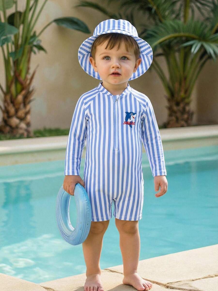 SHEIN 2pcs/Set Unisex Baby Clothes, Baby Boy Summer Casual Vacation Blue & White Striped Shark Print Romper And Hat, Suitable For Beach, Pool, Spa Swimming - Multicolor - View 1