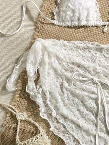 Swim Mod 3pcs Set, Featuring Textured Fabric, Golden Seashell & Faux Pearl Trim, Halter Neck Triangle Bikini Top, Side Tie Bottoms And Sarong Skirt, Sexy Women Swimsuit Set, Spring/Summer - White - View 4