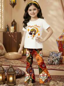 2pcs/Set Tween Girls Middle Eastern Star & Moon Golden Traditional Cute Moon Print Short Sleeve T-Shirt And Flare Pants Set, Fashionable Casual, Suitable For Spring/Summer - Multicolor - View 1