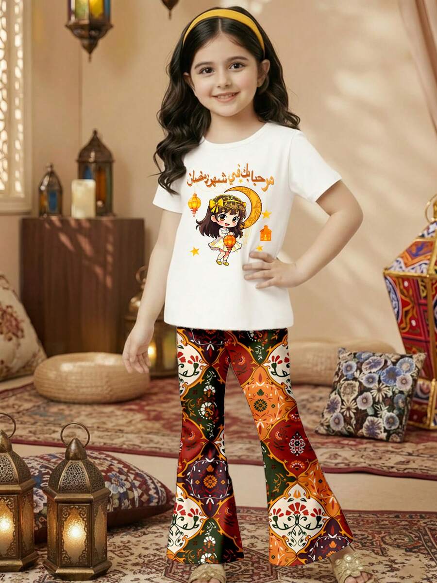 2pcs/Set Tween Girls Middle Eastern Star & Moon Golden Traditional Cute Moon Print Short Sleeve T-Shirt And Flare Pants Set, Fashionable Casual, Suitable For Spring/Summer - Multicolor - View 1