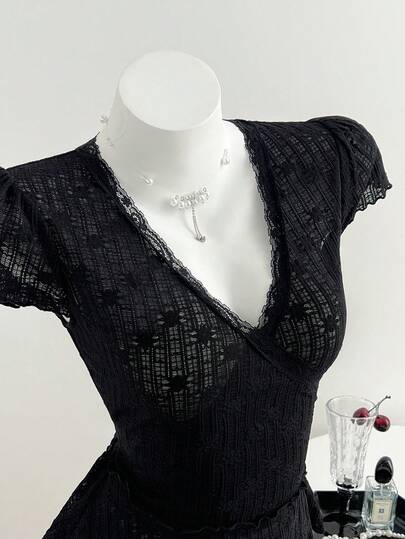 Elamini Women's Black Lace Floral Sheer V-Neck Criss-Cross Backless Tie Short Sleeve T-Shirt