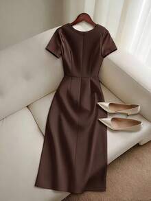 Franclia Satin Ruched Waist Wrap Short Sleeve Dress, Brown - Brown - View 2