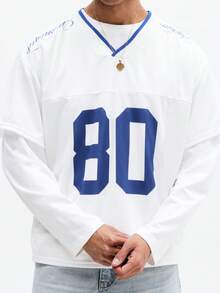 SUMWON Camiseta casual de manga larga con cuello en V, estampado de números y diseño de texto azul, de corte recto para hombre, cómoda para otoño e invierno - Blanco - Ver 5