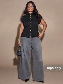 SHEIN BAE 大码女式黑色金属纽扣装饰立领短袖T恤，春夏款 - 黑色 - 查看 5