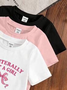 Vintaside Kids 3件套女婴6个月-3岁休闲可爱蝴蝶结字母印花短袖针织圆领上衣和松紧腰短裤套装，多色可选，适合春夏穿着 - 彩色 - 查看 5