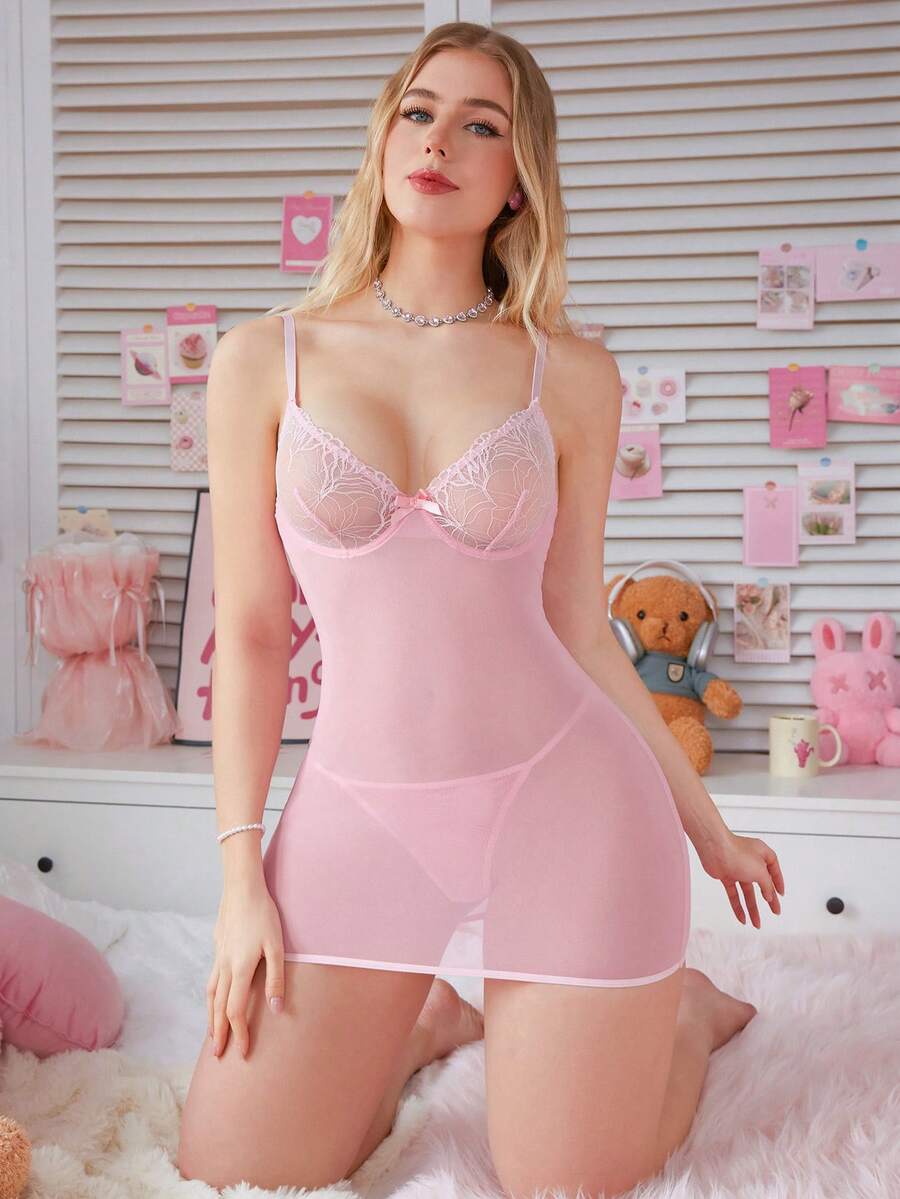 SHEIN 2pcs Mesh Contrast Lace Lingerie Set With Underwire For Women - Pink - View 1