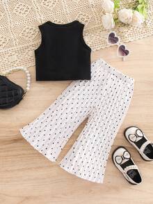 SHEIN Elegant & Cute Black Knit Camisole Top And Polka Dot Pleated Long Pants Set, Summer Top Set Of 2 Pieces, Black Textured Top With Classic Polka Dot Pleated Pants Suitable For Summer, Sports, Fitness, Casual Outings, And Social Events Baby Girl Summer Outfit Baby Girl Clothes 3t Summer Clothes Girl Sportswear Girls Summer Outfit Summer Clothes Girl Sportswear 3 Year Old Streetwear Girl - Multicolor - View 3