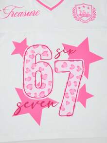 SHEIN ChillGRL Tween Girls' Casual Letter Striped V-Neck Off Shoulder Loose T-Shirt & Numeric Graphic Tee With Chic Utility Straight Leg Pocket Pants 2-Piece Set, Fashionable Spring/Summer/Autumn - Pink - View 7