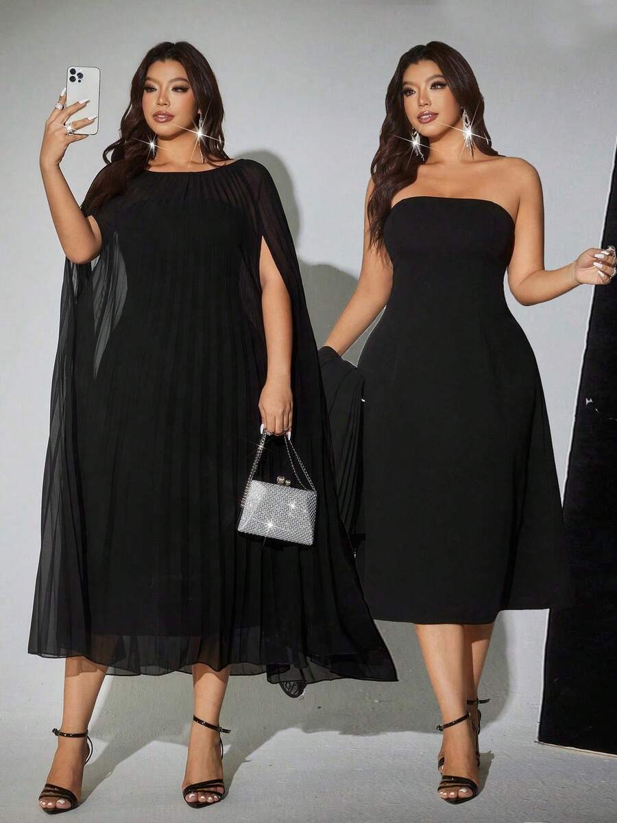 Viva Relle 大码女士优雅奢华派对性感雪纺褶皱钻石装饰飘逸外套和修身抹胸连衣裙两件套 - 黑色 - 查看 1